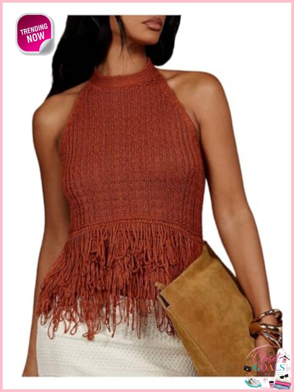 Boho Fringe Halter Knit Crochet Tank Top Open Back Sleeveless Summer Top